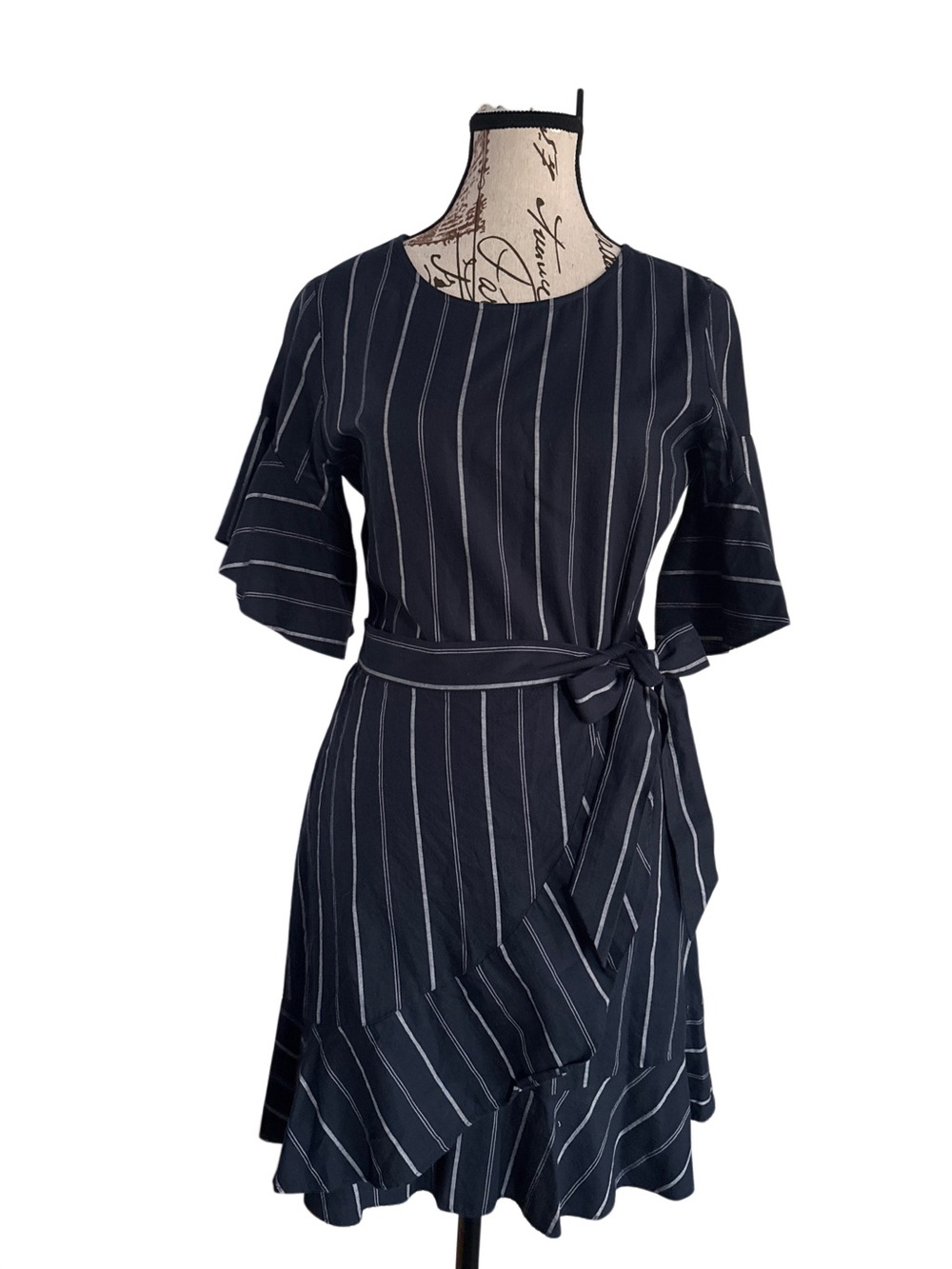 Express wrap front Striped Navy Belted A-Line Dress, S